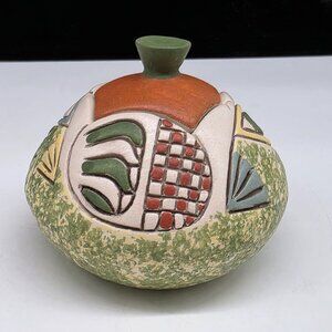 Handmade Ceramic Lidded Jar Abstract Multicolor Patterns & Textures Carved Desig